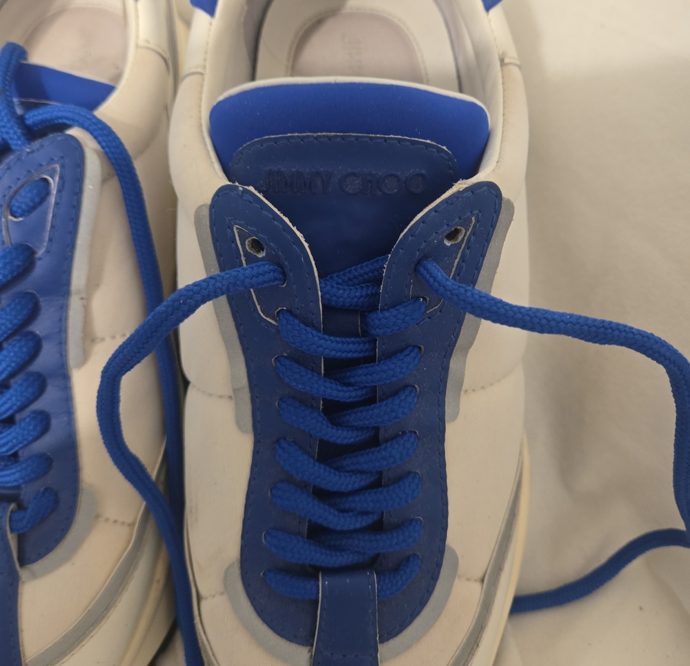 Jimmy Choo White Leather Sneakers with Royal Blue Accents